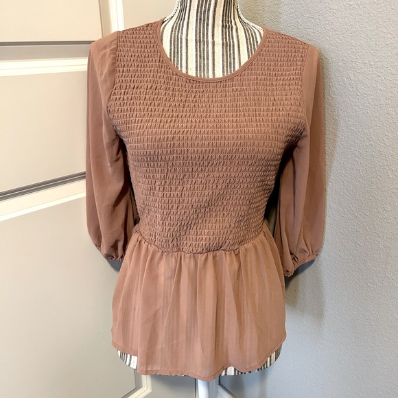 Boutique Mocha Smocked Péplum Blouse -- FINAL SALE PRICE - Picture 2 of 10